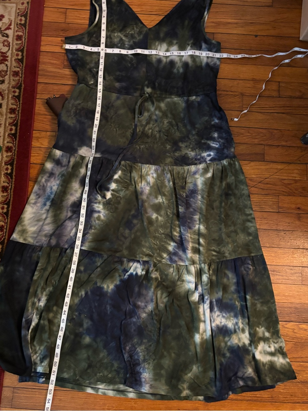 Nina Leonard Olive and Navy Tie-Dye V-Neck Tiered Maxi Dress